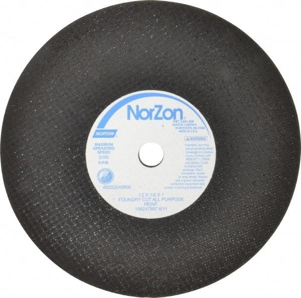 Norton - 12" Zirconia Alumina Cutoff Wheel - 1/8" Thick, 1" Arbor, 5,095 Max RPM, Use with Stationary Grinders - Eagle Tool & Supply