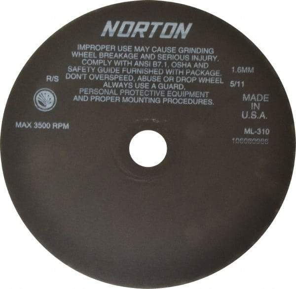 Norton - 10" Aluminum Oxide Cutoff Wheel - 0.063" Thick, 1-1/4" Arbor, 3,500 Max RPM, Use with Stationary Tools - Eagle Tool & Supply