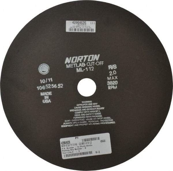 Norton - 12" Aluminum Oxide Cutoff Wheel - 0.078" Thick, 1-1/4" Arbor, 3,820 Max RPM, Use with Stationary Tools - Eagle Tool & Supply