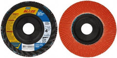 Norton - 120 Grit, 4-1/2" Disc Diam, 7/8" Center Hole, Type 27 Ceramic Flap Disc - Fiberglass Backing, Arbor Attaching System, Coated - Eagle Tool & Supply