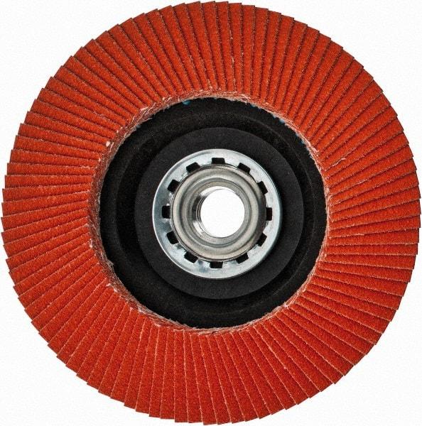 Norton - 120 Grit, 4-1/2" Disc Diam, 5/8-11 Center Hole, Type 27 Ceramic Flap Disc - Fiberglass Backing, Arbor Attaching System, Coated - Eagle Tool & Supply