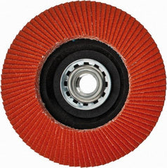 Norton - 120 Grit, 4-1/2" Disc Diam, 5/8-11 Center Hole, Type 27 Ceramic Flap Disc - Fiberglass Backing, Arbor Attaching System, Coated - Eagle Tool & Supply
