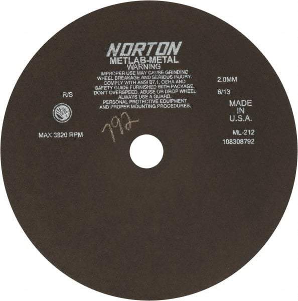 Norton - 12" Aluminum Oxide Cutoff Wheel - 0.078" Thick, 1-1/4" Arbor, 3,820 Max RPM, Use with Stationary Tools - Eagle Tool & Supply