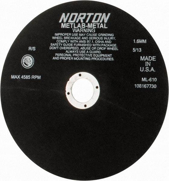 Norton - 10" Aluminum Oxide Cutoff Wheel - 0.063" Thick, 1-1/4" Arbor, 4,585 Max RPM, Use with Stationary Tools - Eagle Tool & Supply