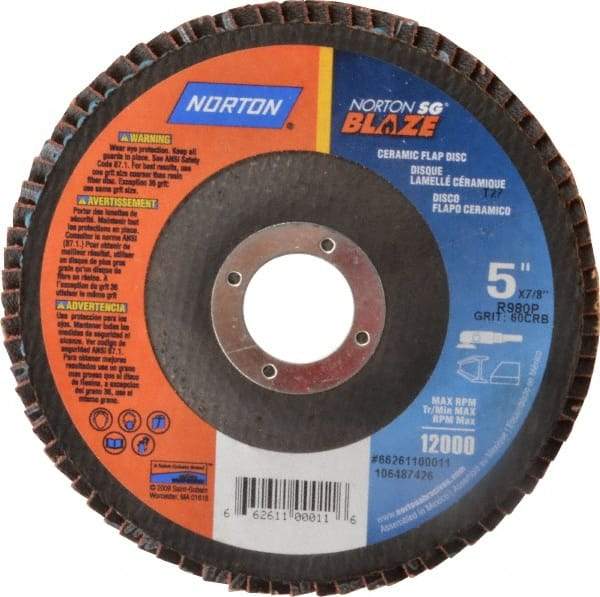 Norton - 60 Grit, 5" Disc Diam, 7/8" Center Hole, Type 27 Ceramic Flap Disc - Plastic Backing, Arbor Attaching System, Coated - Eagle Tool & Supply
