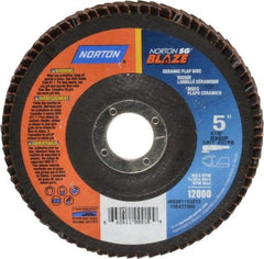 Norton - 40 Grit, 5" Disc Diam, 7/8" Center Hole, Type 27 Ceramic Flap Disc - Plastic Backing, Arbor Attaching System, Coated - Eagle Tool & Supply
