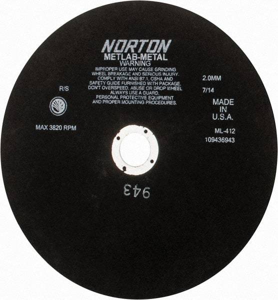 Norton - 12" Aluminum Oxide Cutoff Wheel - 0.078" Thick, 1-1/4" Arbor, 3,820 Max RPM, Use with Stationary Tools - Eagle Tool & Supply