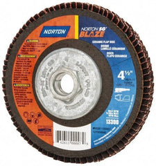 Norton - 60 Grit, 4-1/2" Disc Diam, 5/8-11 Center Hole, Type 27 Ceramic Flap Disc - Plastic Backing, Arbor Attaching System, Coated - Eagle Tool & Supply