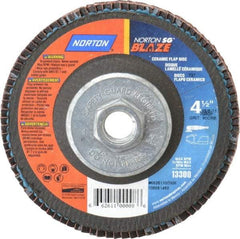 Norton - 80 Grit, 4-1/2" Disc Diam, 5/8-11 Center Hole, Type 27 Ceramic Flap Disc - Plastic Backing, Arbor Attaching System, Coated - Eagle Tool & Supply