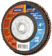 Norton - 40 Grit, 4-1/2" Disc Diam, 5/8-11 Center Hole, Type 27 Ceramic Flap Disc - Plastic Backing, Arbor Attaching System, Coated - Eagle Tool & Supply