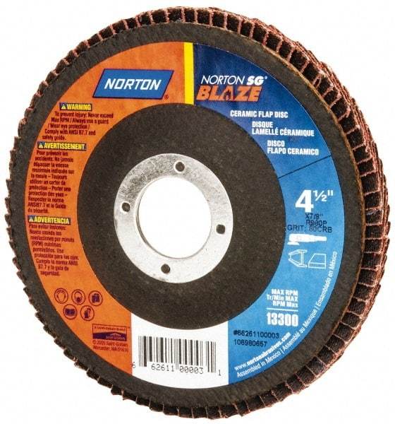 Norton - 60 Grit, 4-1/2" Disc Diam, 7/8" Center Hole, Type 27 Ceramic Flap Disc - Plastic Backing, Arbor Attaching System, Coated - Eagle Tool & Supply