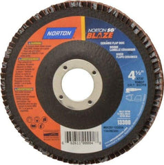 Norton - 80 Grit, 4-1/2" Disc Diam, 7/8" Center Hole, Type 27 Ceramic Flap Disc - Plastic Backing, Arbor Attaching System, Coated - Eagle Tool & Supply