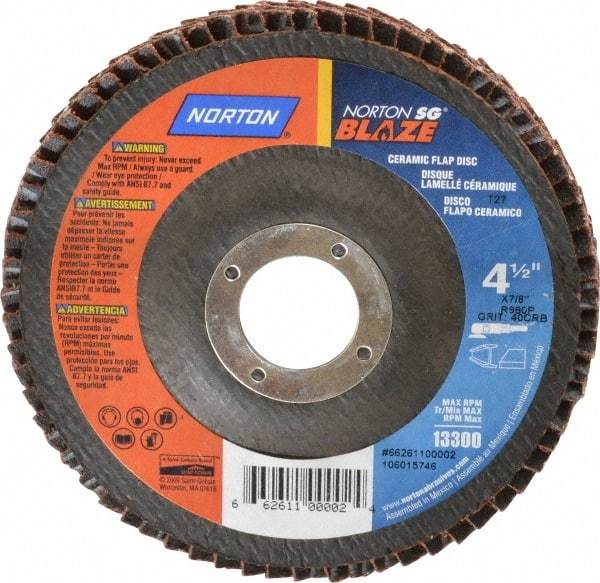 Norton - 40 Grit, 4-1/2" Disc Diam, 7/8" Center Hole, Type 27 Ceramic Flap Disc - Plastic Backing, Arbor Attaching System, Coated - Eagle Tool & Supply