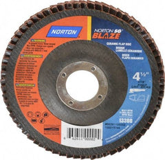 Norton - 40 Grit, 4-1/2" Disc Diam, 7/8" Center Hole, Type 27 Ceramic Flap Disc - Plastic Backing, Arbor Attaching System, Coated - Eagle Tool & Supply