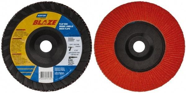 Norton - 60 Grit, 7" Disc Diam, 7/8" Center Hole, Type 27 Ceramic Flap Disc - Plastic Backing, Arbor Attaching System, Coated - Eagle Tool & Supply
