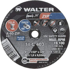WALTER Surface Technologies - 4" 60 Grit Aluminum Oxide Cutoff Wheel - 1/32" Thick, 3/8" Arbor, 19,100 Max RPM, Use with Die Grinders - Eagle Tool & Supply