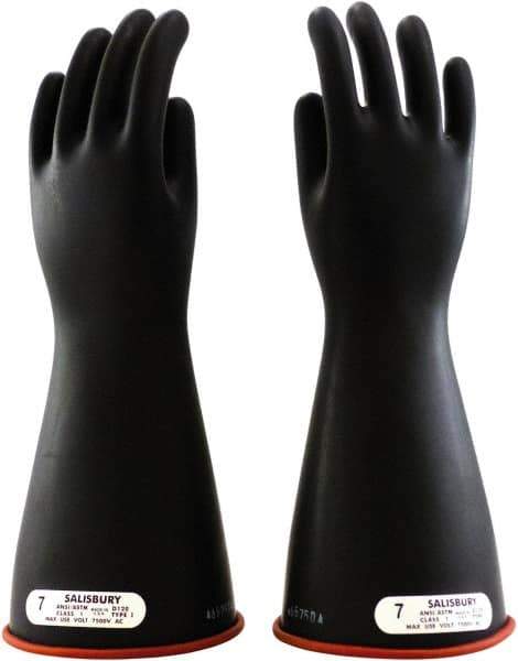 Salisbury by Honeywell - Class 1, Size M (8), 14" Long, Rubber Lineman's Glove - 7,500 AC Max Use Voltage, 10,000 AC Test Voltage, Black, ASTM D120 - Eagle Tool & Supply