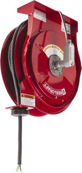Reelcraft - 10 AWG, 50' Cable Length, Cord & Cable Reel with Flying Lead End - 0 Outlets, 30 Amps, 125 Volts, SEOOW Cable, Red Reel, Spring Driven Reel - Eagle Tool & Supply