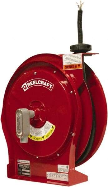 Reelcraft - 12 AWG, 50' Cable Length, Cord & Cable Reel with Flying Lead End - 0 Outlets, 16 Amps, 600 Volts, SEOOW Cable, Red Reel, Spring Driven Reel - Eagle Tool & Supply