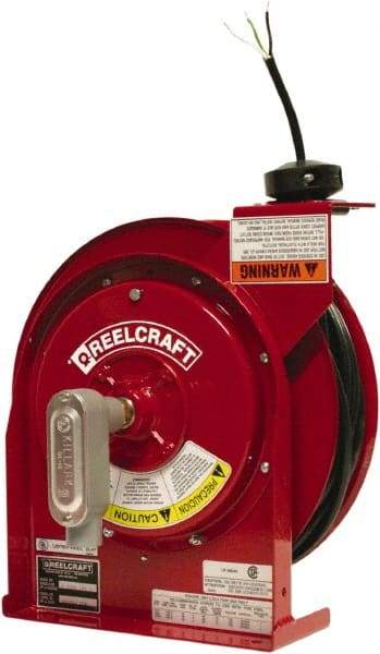 Reelcraft - 12 AWG, 45' Cable Length, Cord & Cable Reel with Flying Lead End - 0 Outlets, 20 Amps, 125 Volts, SJEOOW Cable, Red Reel, Spring Driven Reel - Eagle Tool & Supply