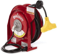 Reelcraft - 12 AWG, 45' Cable Length, Cord & Cable Reel with Triple-Tap Outlet End - 3 Outlets, NEMA 5-15R, 15 Amps, 125 Volts, SJEOOW Cable, Red Reel, Spring Driven Reel - Eagle Tool & Supply