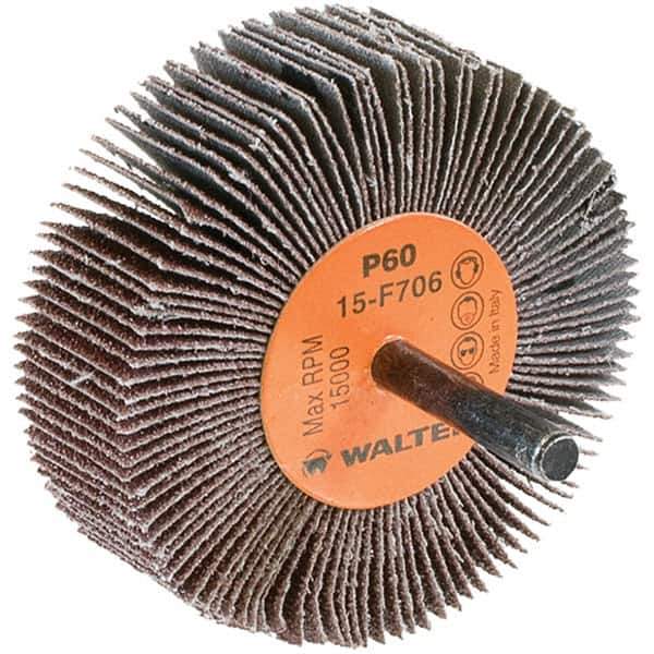 WALTER Surface Technologies - 3" Diam x 1" Face Width, Medium Aluminum Oxide Coated Mounted Flap Wheel - 1/4" Shank Mount, 60 Grit, Cloth Backing, 15,000 Max RPM - Eagle Tool & Supply