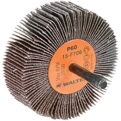 WALTER Surface Technologies - 3" Diam x 1" Face Width, Medium Aluminum Oxide Coated Mounted Flap Wheel - 1/4" Shank Mount, 60 Grit, Cloth Backing, 15,000 Max RPM - Eagle Tool & Supply
