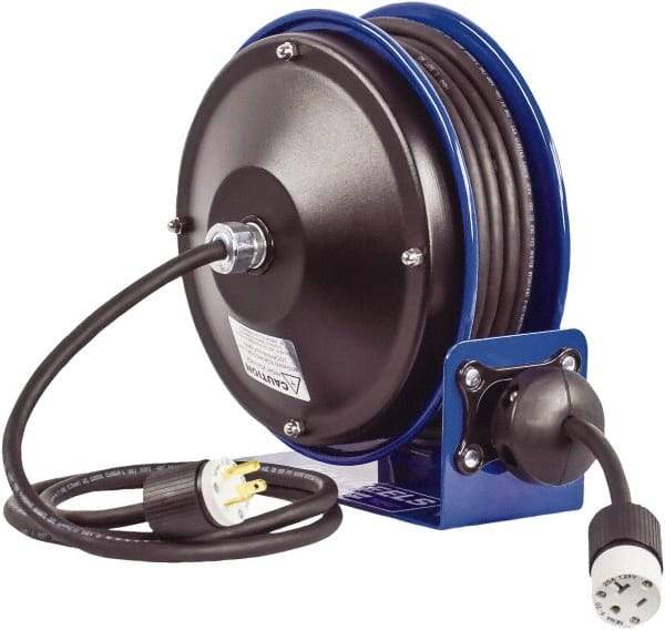 CoxReels - 12 AWG, 30' Cable Length, Cord & Cable Reel with Outlet End - 1 Outlet, NEMA 5-20R, 20 Amps, 115 Volts, SJO Cable, Blue Reel, Spring Driven Reel - Eagle Tool & Supply