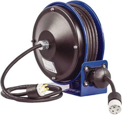 CoxReels - 16 AWG, 30' Cable Length, Cord & Cable Reel with Outlet End - 1 Outlet, NEMA 5-15R, 13 Amps, 115 Volts, SJO Cable, Blue Reel, Spring Driven Reel - Eagle Tool & Supply