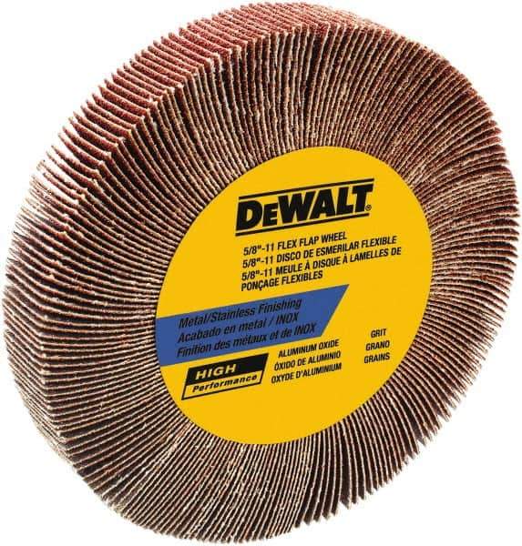 DeWALT - 4-1/2" Diam, 60 Grit Aluminum Oxide Unmounted Flap Wheel - 5/8-11 Thread, 1-1/8" Wide, Coated, Medium Grade, 13,300 Max RPM - Eagle Tool & Supply