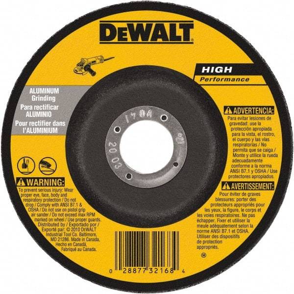 DeWALT - 30 Grit, 5" Wheel Diam, 1/4" Wheel Thickness, 7/8" Arbor Hole, Type 27 Depressed Center Wheel - Aluminum Oxide, 12,200 Max RPM, Compatible with Angle Grinder - Eagle Tool & Supply
