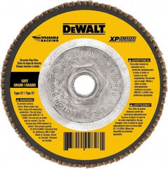 DeWALT - 60 Grit, 4-1/2" Disc Diam, 5/8-11 Center Hole, Type 27 Zirconia Alumina Flap Disc - 13,300 Max RPM, Cloth Backing, Arbor Attaching System, Coated - Eagle Tool & Supply