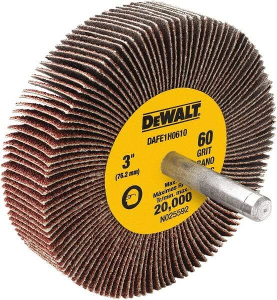 DeWALT - 3" Diam x 1" Face Width, Medium Aluminum Oxide Coated Mounted Flap Wheel - 1/4" Shank Mount, 60 Grit, Cloth Backing, 20,000 Max RPM - Eagle Tool & Supply