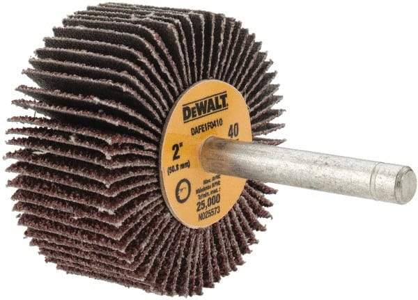 DeWALT - 2" Diam x 1" Face Width, Coarse Aluminum Oxide Coated Mounted Flap Wheel - 1/4" Shank Mount, 40 Grit, Cloth Backing, 25,000 Max RPM - Eagle Tool & Supply