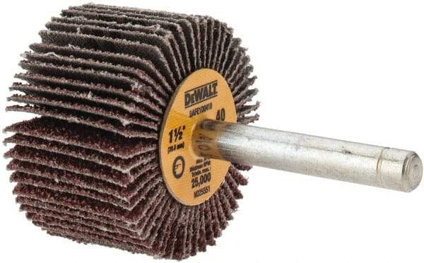 DeWALT - 1-1/2" Diam x 1" Face Width, Coarse Aluminum Oxide Coated Mounted Flap Wheel - 1/4" Shank Mount, 40 Grit, Cloth Backing, 25,000 Max RPM - Eagle Tool & Supply