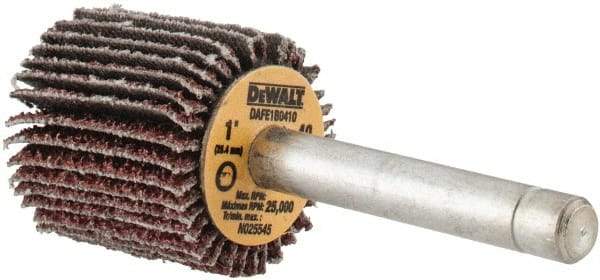 DeWALT - 1" Diam x 1" Face Width, Coarse Aluminum Oxide Coated Mounted Flap Wheel - 1/4" Shank Mount, 40 Grit, Cloth Backing, 25,000 Max RPM - Eagle Tool & Supply