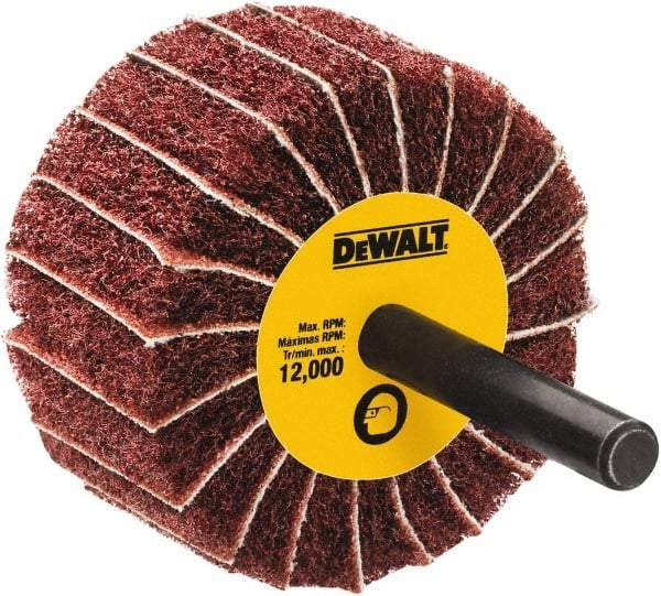 DeWALT - 2" Diam x 1" Face Width, Medium Aluminum Oxide Coated Mounted Flap Wheel - 1/4" Shank Mount, 60 Grit, Interleaf, Cloth Backing, 25,000 Max RPM - Eagle Tool & Supply