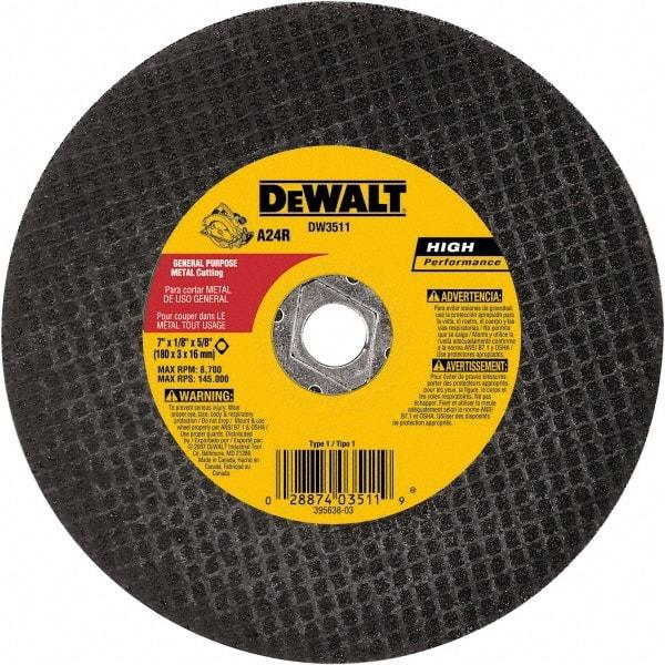 DeWALT - 7" 24 Grit Aluminum Oxide Cutoff Wheel - 1/8" Thick, 5/8" Arbor, 8,700 Max RPM, Use with Angle Grinders - Eagle Tool & Supply