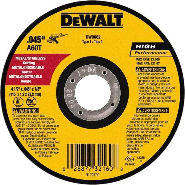 DeWALT - 4-1/2" 60 Grit Aluminum Oxide Cutoff Wheel - 0.045" Thick, 7/8" Arbor, 13,300 Max RPM, Use with Angle Grinders - Eagle Tool & Supply