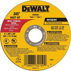 DeWALT - 4" 60 Grit Aluminum Oxide Cutoff Wheel - 0.045" Thick, 5/8" Arbor, 15,200 Max RPM, Use with Angle Grinders - Eagle Tool & Supply