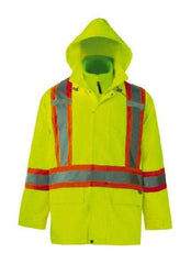 Viking - Size 4XL, High Visibility Lime, Rain, Wind Resistant Jacket - 58" Chest, 3 Pockets, Detachable Hood - Eagle Tool & Supply