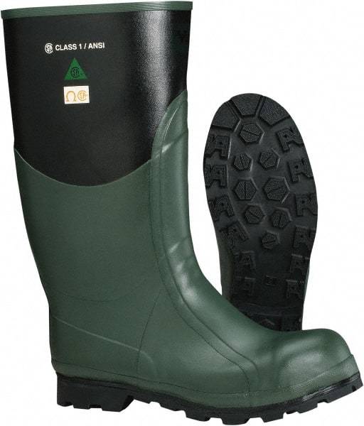 Viking - Men's Size 6 Medium Width Steel Knee Boot - Green, Black, Rubber Upper, Nitrile Rubber Outsole, 15" High, Non-Slip, Waterproof, Electric Shock Resistant - Eagle Tool & Supply