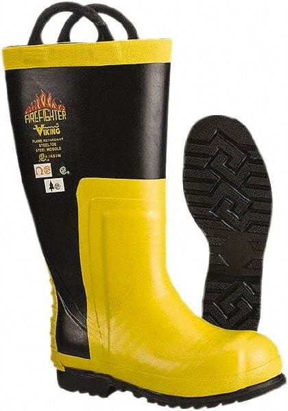 Viking - Men's Size 8 Medium Width Steel Work Boot - Black, Yellow, Rubber Upper, Nitrile Rubber Outsole, 14" High, Non-Slip, Chemical Resistant, Waterproof, Electric Shock Resistant - Eagle Tool & Supply