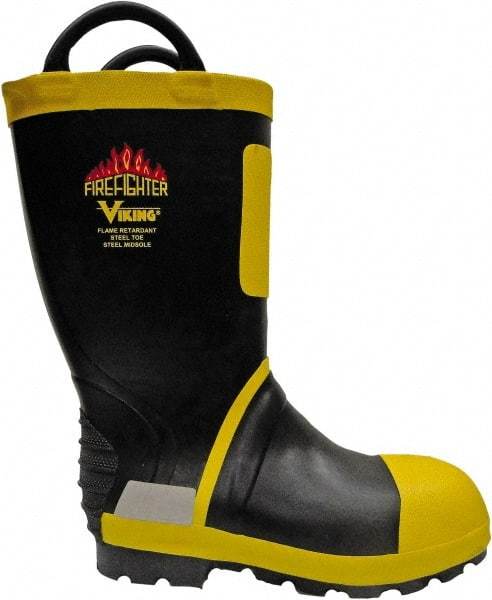 Viking - Men's Size 8 Medium Width Steel Work Boot - Black, Yellow, Rubber Upper, Nitrile Rubber Outsole, 14" High, Non-Slip, Waterproof - Eagle Tool & Supply