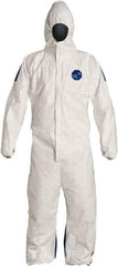 Dupont - Size XL Film Laminate General Purpose Coveralls - White/Blue, Zipper Closure, Elastic Cuffs, Elastic Ankles, Serged Seams, Hazard Level D & C - Eagle Tool & Supply