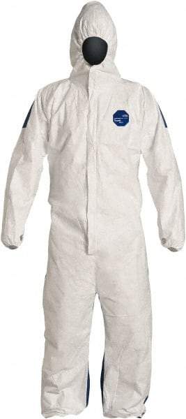 Dupont - Size 3XL Film Laminate General Purpose Coveralls - White/Blue, Zipper Closure, Elastic Cuffs, Elastic Ankles, Serged Seams, Hazard Level D & C - Eagle Tool & Supply