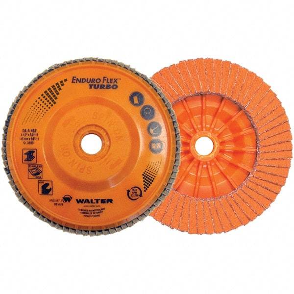WALTER Surface Technologies - 36 & 60 Grit, 4-1/2" Disc Diam, 7/8" Center Hole, Type 27 Ceramic Flap Disc - 13,300 Max RPM, Plastic Backing, Arbor Attaching System, Coated - Eagle Tool & Supply