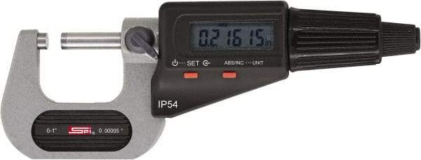 SPI - 6 to 7" Range, 0.00005" Resolution, Standard Throat IP54 Electronic Outside Micrometer - 0.00028" Accuracy, Friction Thimble, Carbide-Tipped Face, LR44 Battery, Includes NIST Traceable Certification of Inspection - Eagle Tool & Supply