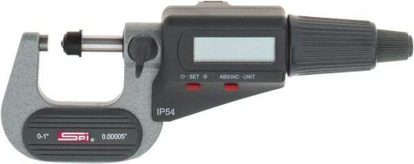 SPI - 0 to 1" Range, 0.00005" Resolution, Standard Throat IP54 Electronic Outside Micrometer - 0.00016" Accuracy, Friction Thimble, Carbide-Tipped Face, LR44 Battery, Includes NIST Traceable Certification of Inspection - Eagle Tool & Supply