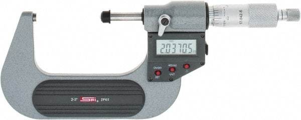 SPI - 2 to 3" Range, 0.00005" Resolution, Standard Throat IP65 Electronic Outside Micrometer - 0.0002" Accuracy, Ratchet Stop Thimble, Carbide-Tipped Face, LR44 Battery, Includes NIST Traceable Certification of Inspection - Eagle Tool & Supply